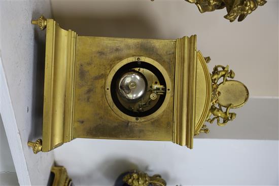 A late 19th century French ormolu and Sevres style porcelain mantel clock, width 8.5in. depth 6in. height 14.25in.